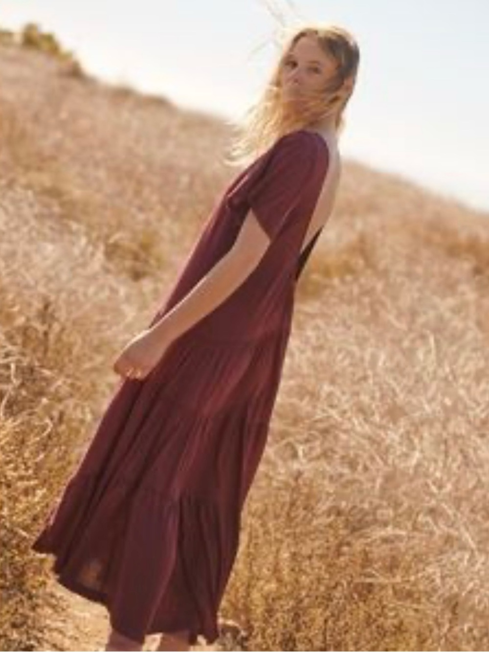 Free People  beach Burgundy Tiered Short-Sleeve Maxi Dress
